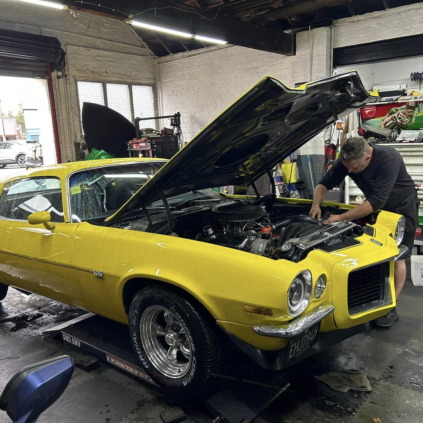 A classic Camaro in the workshop