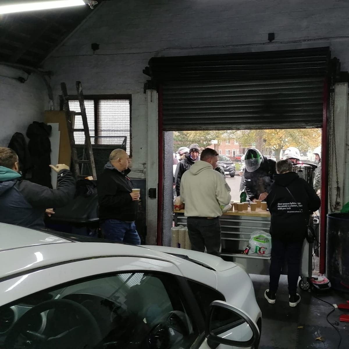 Riders gathered in the workshop